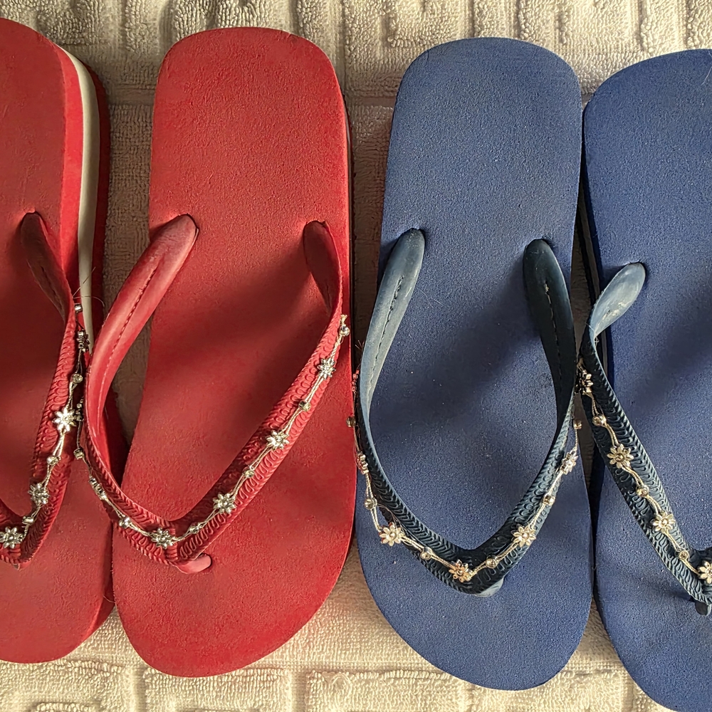 Embellished Red and Blue Flip Flops